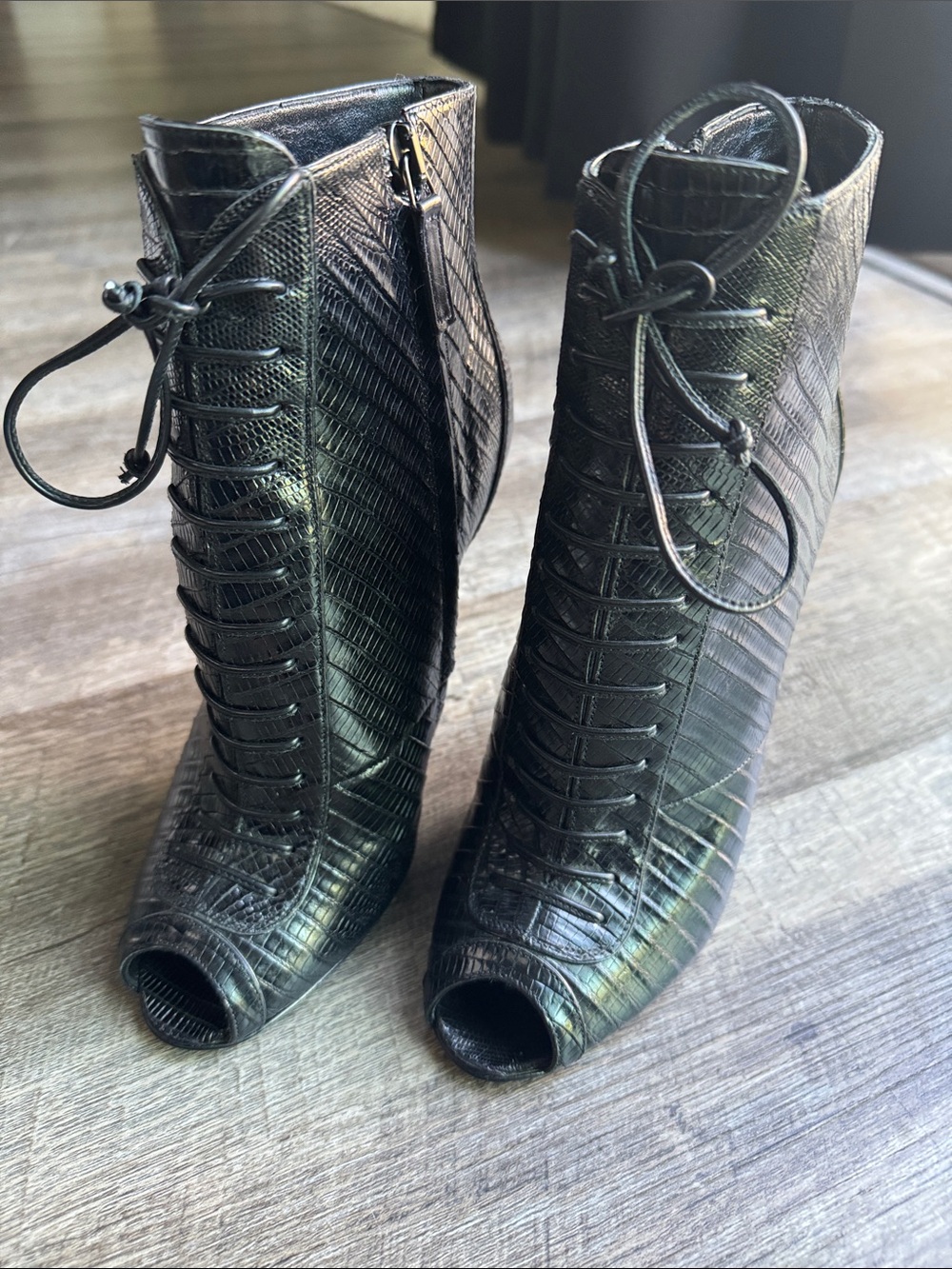 Tom Ford Black Textured Lace-Up Peep-Toe Ankle Booties